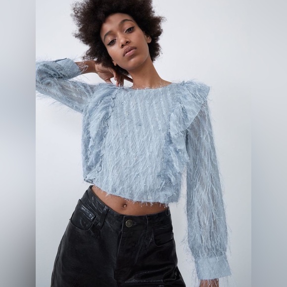 Zara Tops - 💕 HOST PICK! 💕 Zara Blue Feather Blouse with sequins